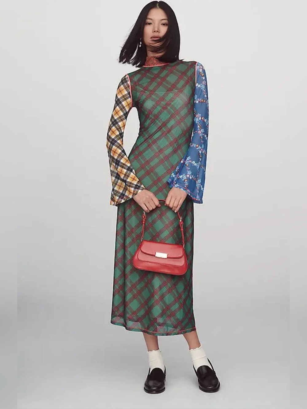 CeliaB Ixora Mesh Midi Slip Dress Mixed Print Bell Sleeve Size XS